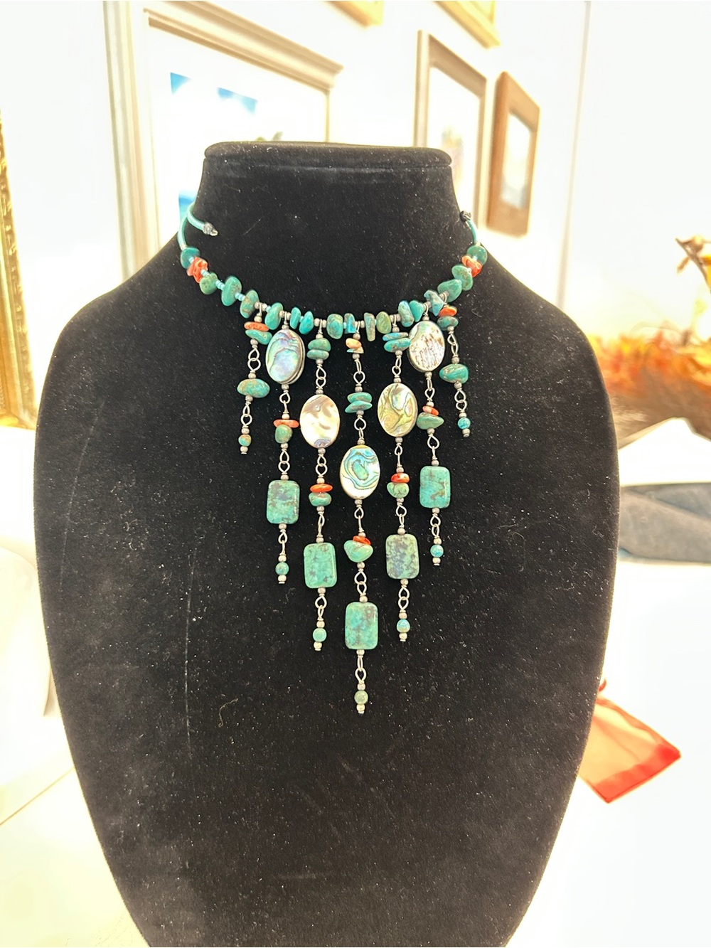 Turquoise and Coral Fringe Statement Necklace